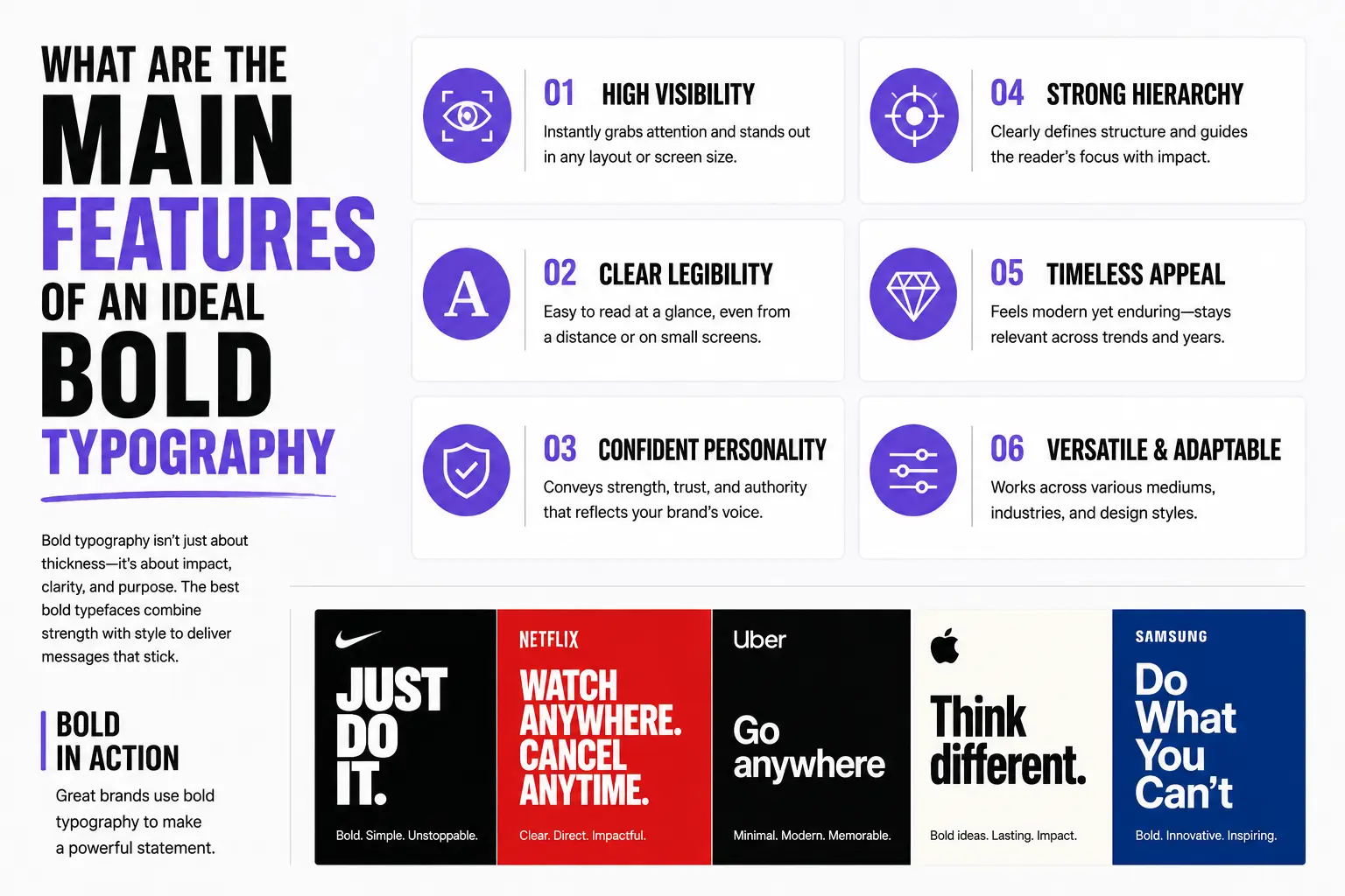 What are the main features of an ideal bold typography